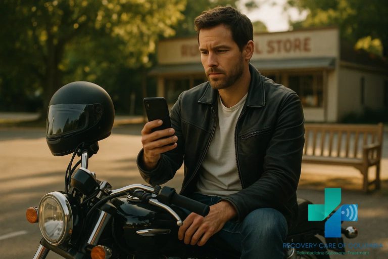 Man on motorcycle in Tennessee using telehealth video call for 7-Hydroxy withdrawal recovery support. Suboxone will help alleviate his withdrawal symptoms and cravings.