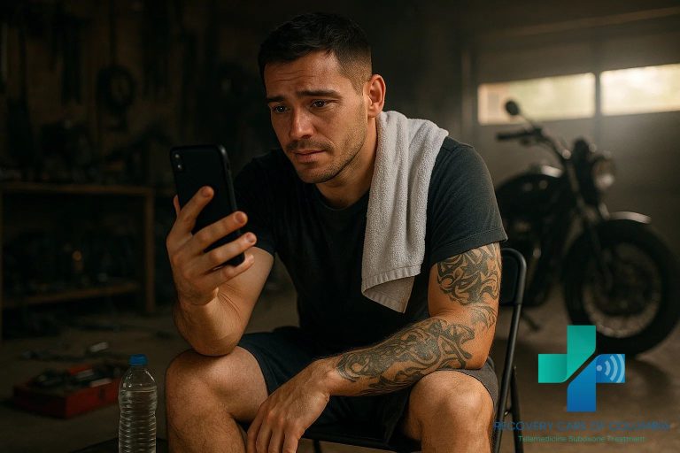 Young man in garage using smartphone for telehealth addiction treatment, surrounded by tools and a motorcycle, symbolizing hope and recovery from 7-OH addiction in Tennessee.
