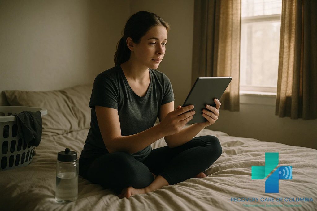 Woman in her late 20s on her bed during a telehealth session for 7-OH addiction treatment in Tennessee, with morning light and home details in the background.