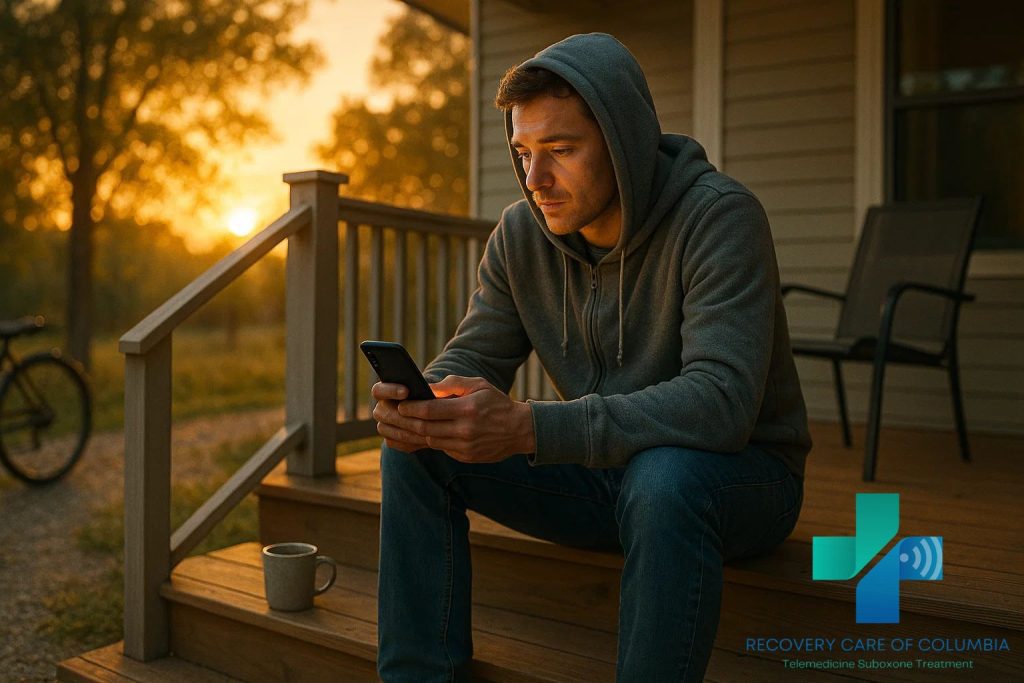 Young man on a rural Tennessee porch during sunset, participating in a telehealth call for 7-OH withdrawal treatment.