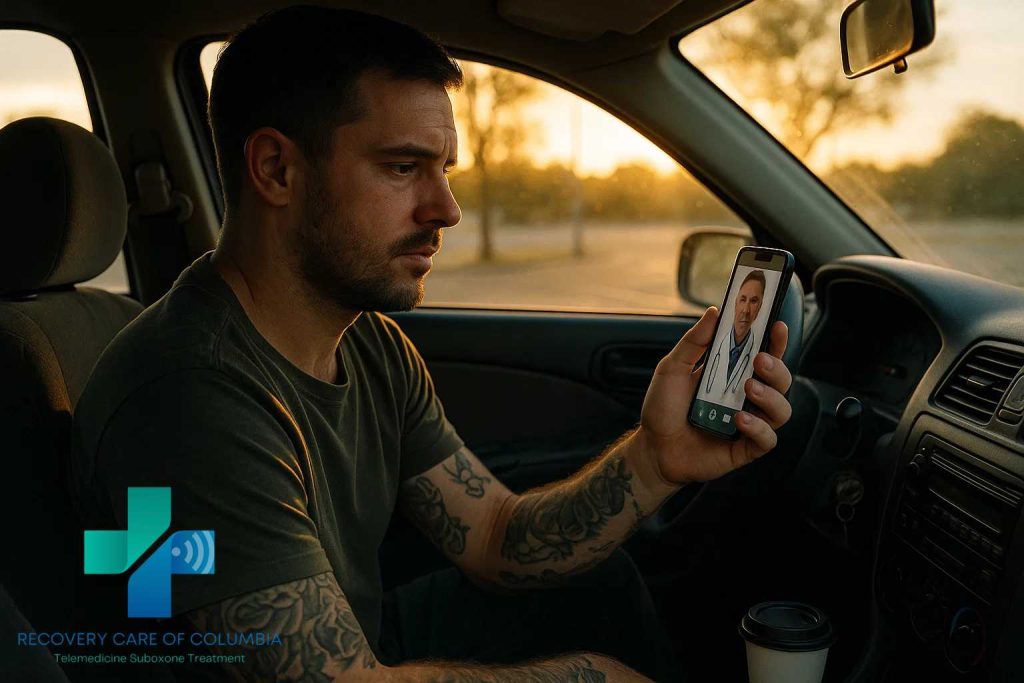 Working-class man in car at sunset on smartphone telehealth call for 7-hydroxymitragynine addiction recovery in Tennessee.