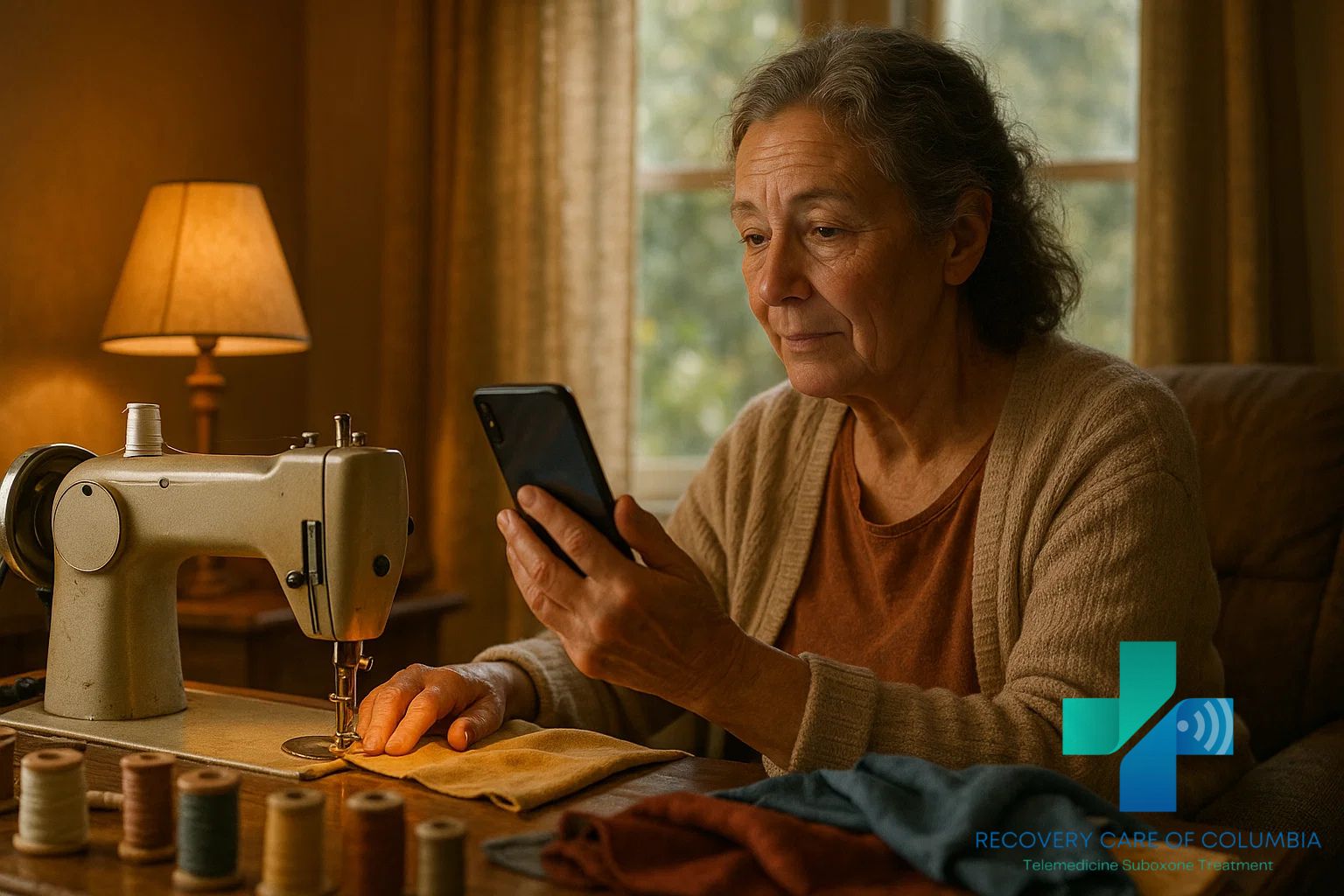 Elderly woman in sunlit living room using phone for telehealth call about 7-hydroxymitragynine withdrawal, sitting beside a sewing machine.