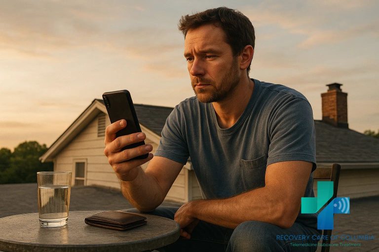 Man on a Tennessee rooftop in telehealth Suboxone call for 7-OH and kratom withdrawal treatment at dusk.