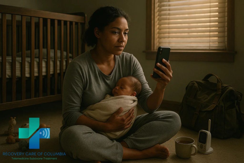 Young mother holding her baby in a cozy nursery at dusk while on a telehealth call for same-day virtual kratom treatment in Tennessee.