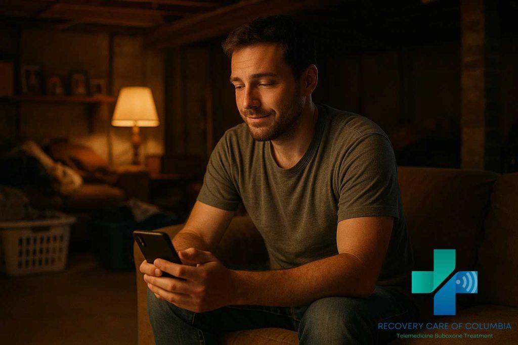 Man in a Tennessee basement on a telehealth call, seeking Suboxone for Kratom 7-OH withdrawal.