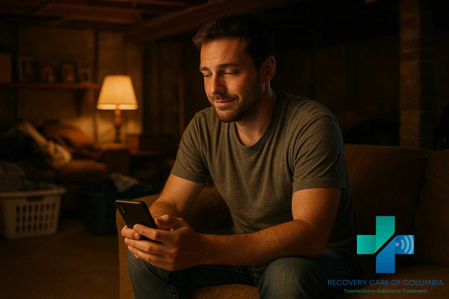 Man in a Tennessee basement on a telehealth call, seeking Suboxone for Kratom 7-OH withdrawal.