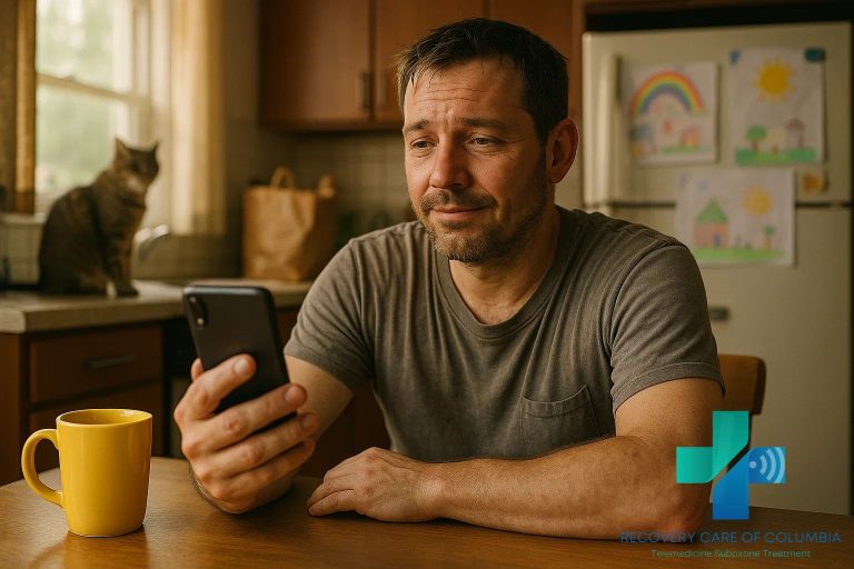Parent in a Tennessee kitchen holding a smartphone during a Suboxone telehealth visit, with a yellow coffee mug and cat nearby, symbolizing hope and online recovery.