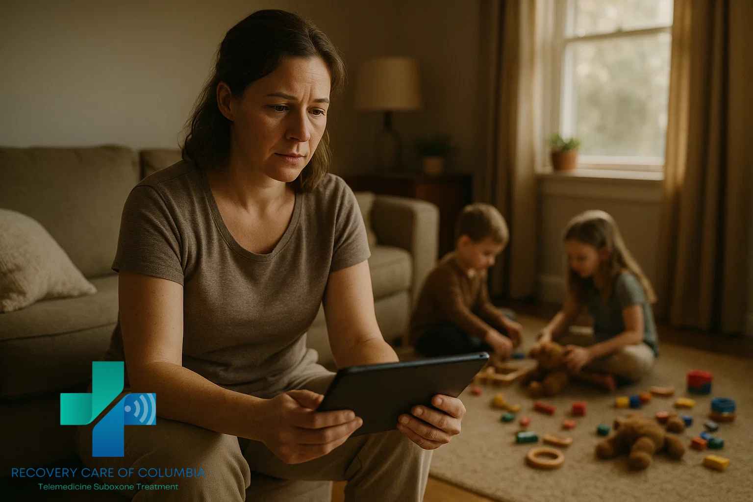Mom using a tablet for an online Suboxone prescription appointment with her kids playing nearby, representing family balance and recovery in Tennessee.