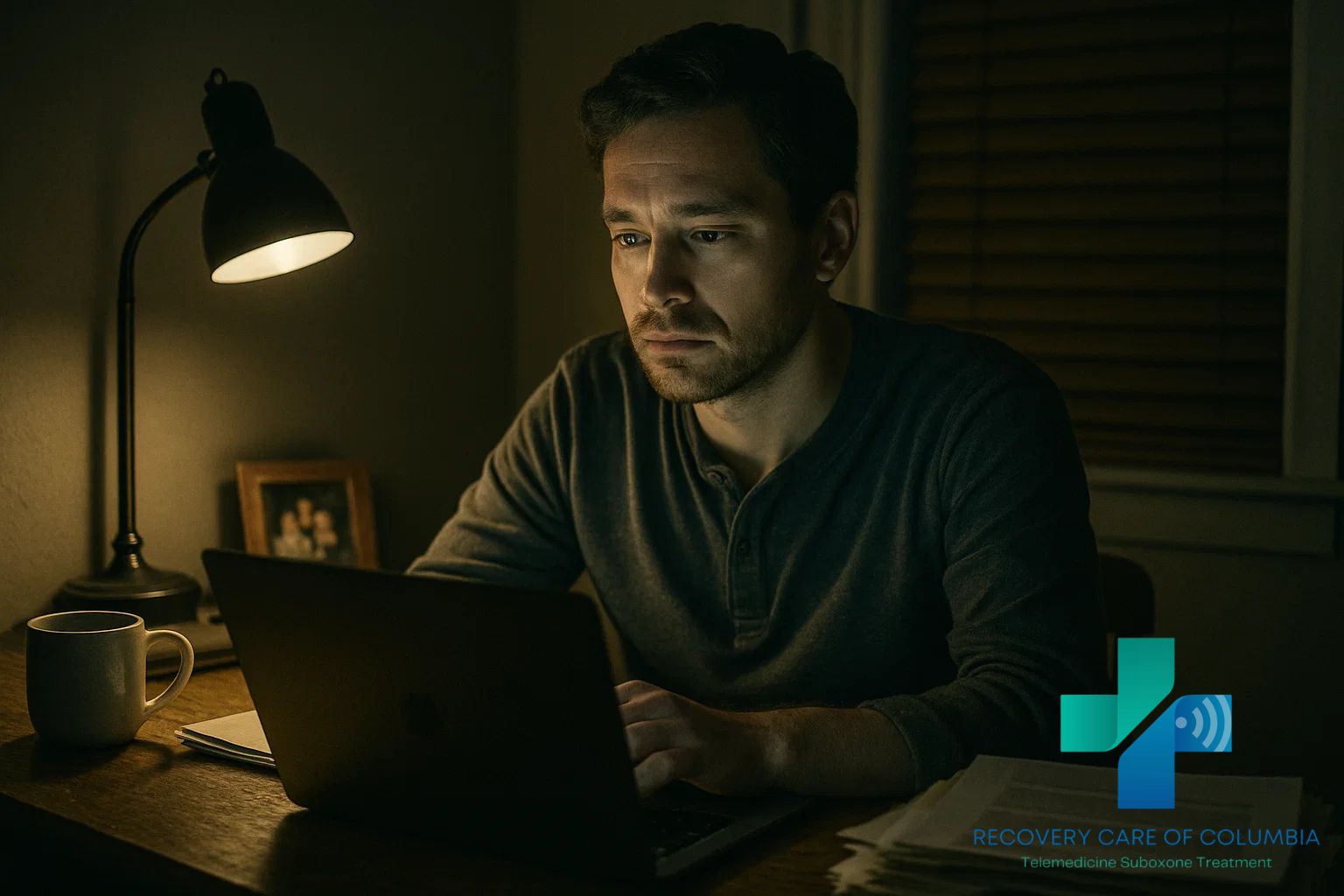 Adult in a warm home office at night focused on a laptop during a private Suboxone telehealth session for fast, confidential opioid recovery in Tennessee.
