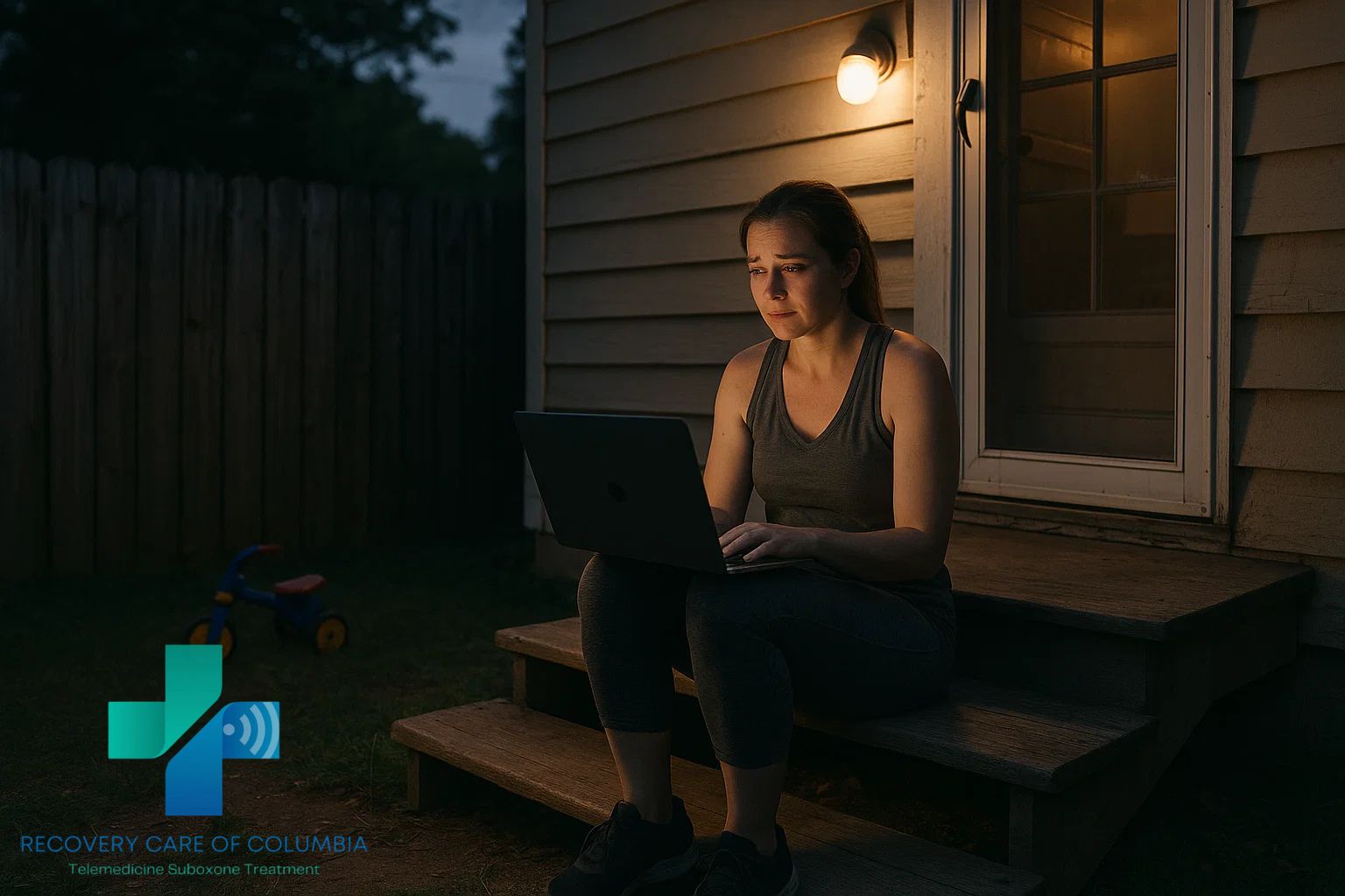Woman in her late 20s on backyard porch steps during a telehealth call, seeking safe virtual help for kratom addiction in Tennessee.