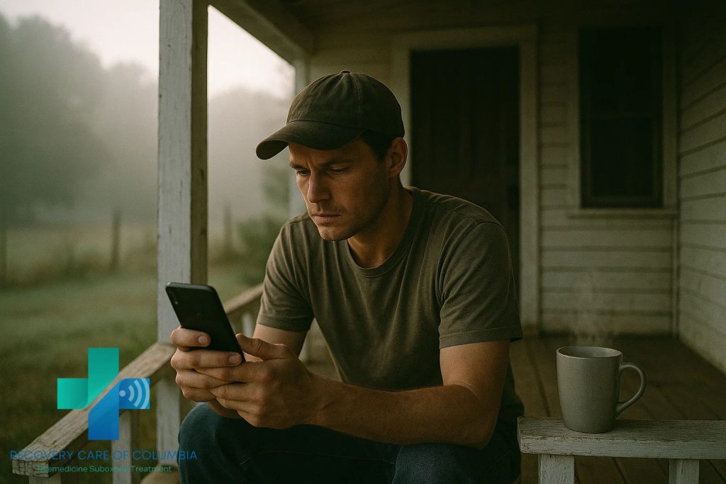 Young man on a Tennessee porch at dawn using telehealth for kratom withdrawal treatment, showing resilience and accessible recovery.
