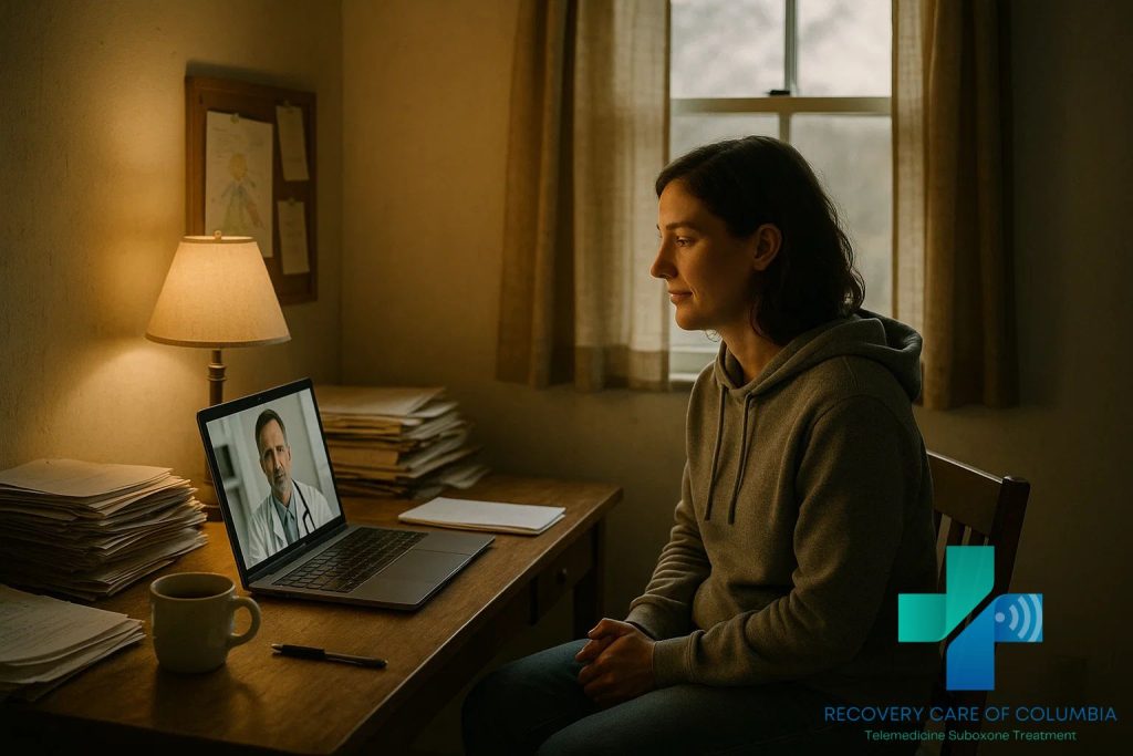 Woman in her 30s attending a virtual kratom detox appointment at a cozy home office with warm lighting and personal touches.