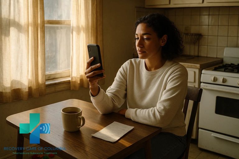 Woman in late 20s on a telemedicine call for Suboxone treatment at a kitchen table with coffee mug and children’s toys, natural afternoon light.