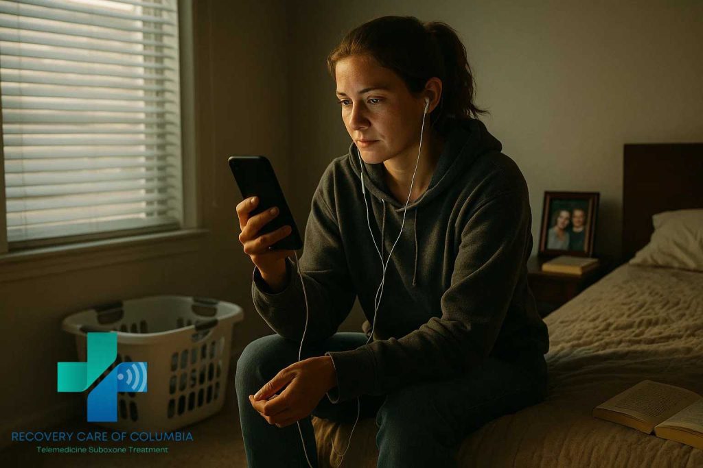 Young woman in a telehealth Suboxone session at home, starting Kratom 7-OH recovery in Tennessee.