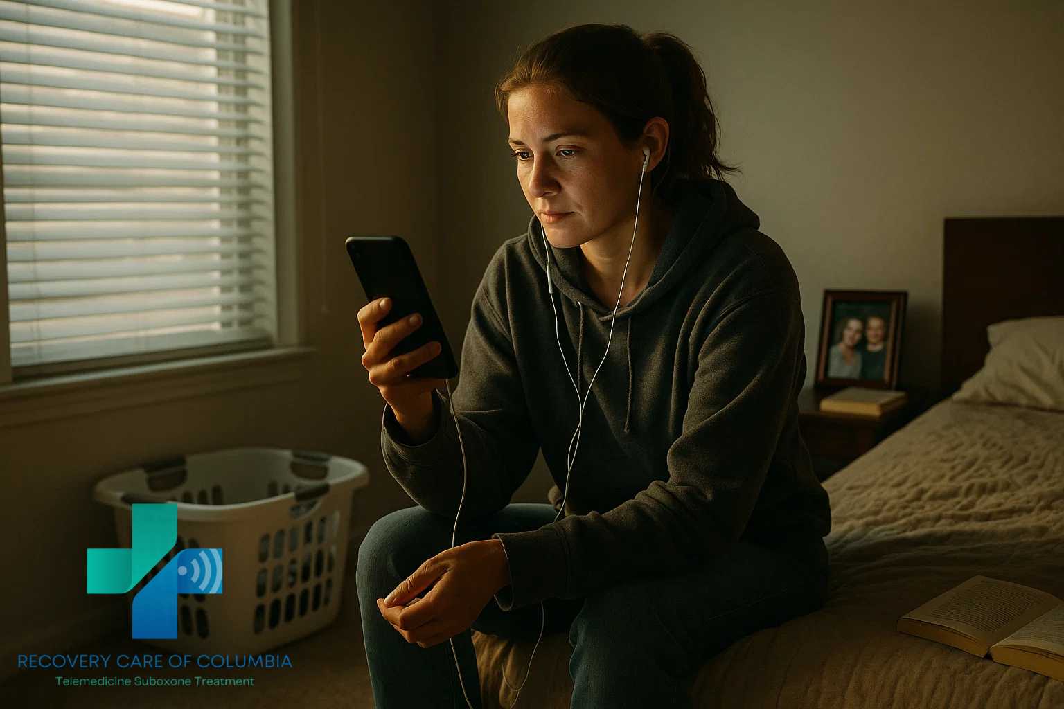 Young woman in a telehealth Suboxone session at home, starting Kratom 7-OH recovery in Tennessee.