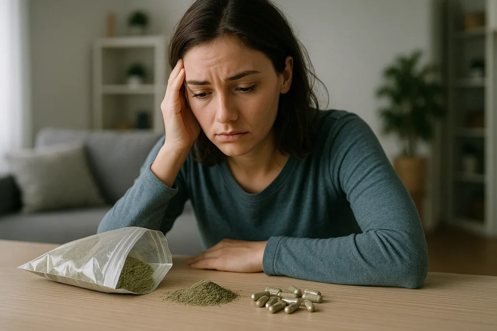 Man looking at spilled Kratom powder and capsules while considering virtual Suboxone treatment for addiction and withdrawal in Tennessee.