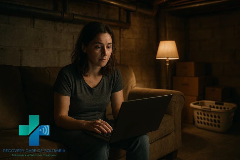 Young woman in a basement attending a virtual Suboxone telehealth appointment, representing accessible kratom addiction help near me.