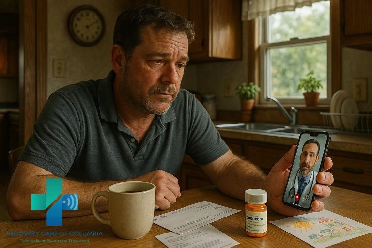 Middle-aged man in a rural Tennessee kitchen on a telehealth call for kratom addiction treatment, with coffee mug, child’s drawing, and Suboxone bottle symbolizing hope and recovery.