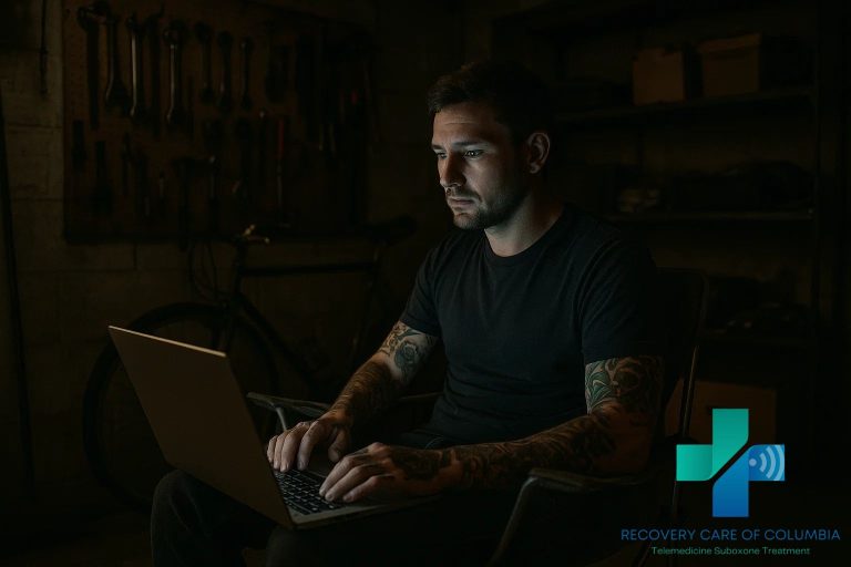 Man in his garage attending a virtual Suboxone session, representing accessible care through kratom addiction treatment centers.