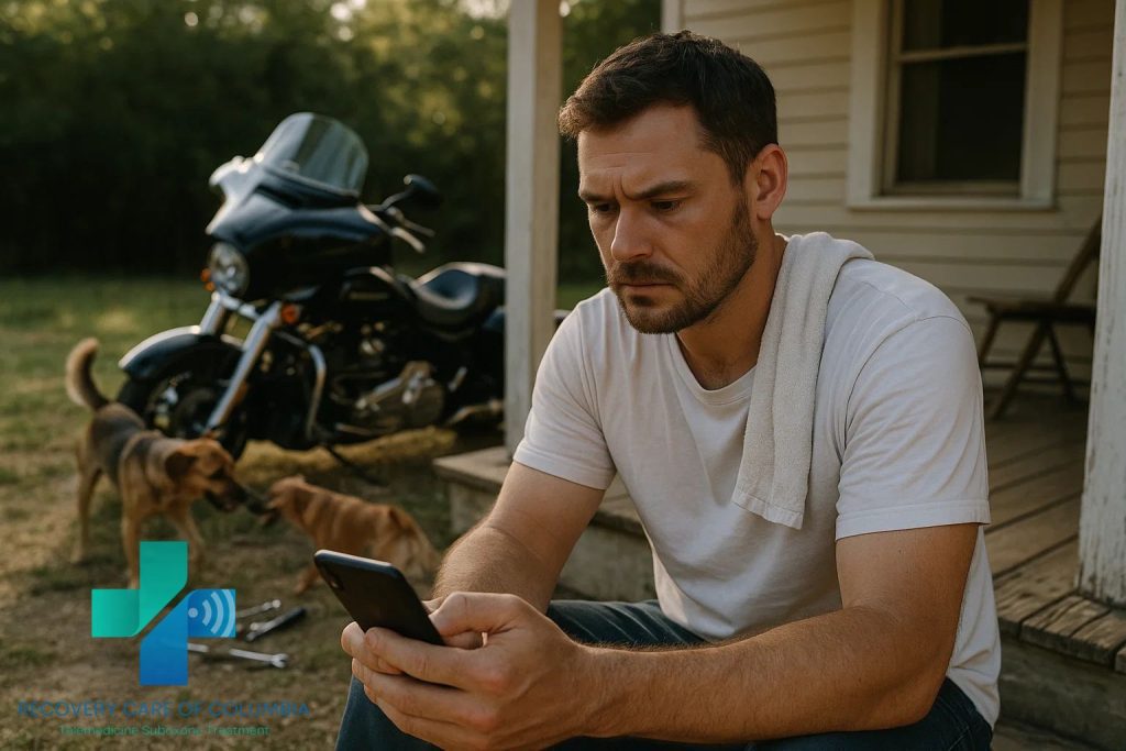 Man in his 30s outside his Tennessee home holding a smartphone for a telehealth call, with a motorcycle and dogs in the yard, representing kratom dependence treatment.