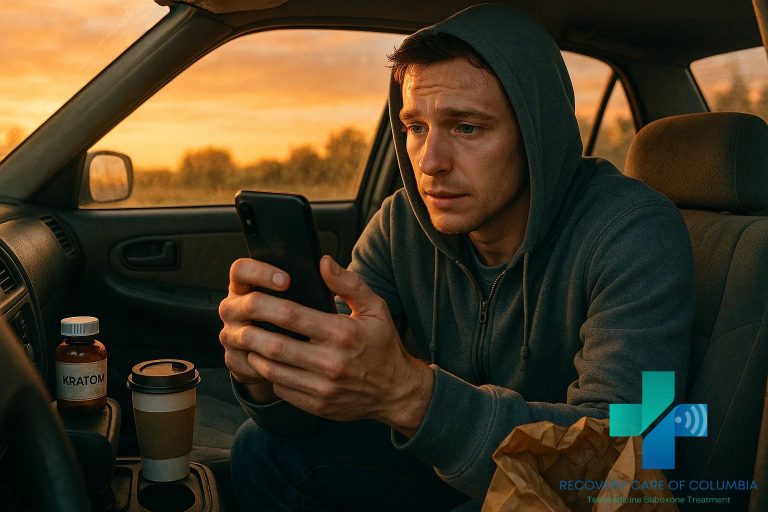 Young man in a hoodie using telehealth from his car at sunset with a kratom bottle on the dashboard, symbolizing struggles with kratom side effects and recovery options in Tennessee.