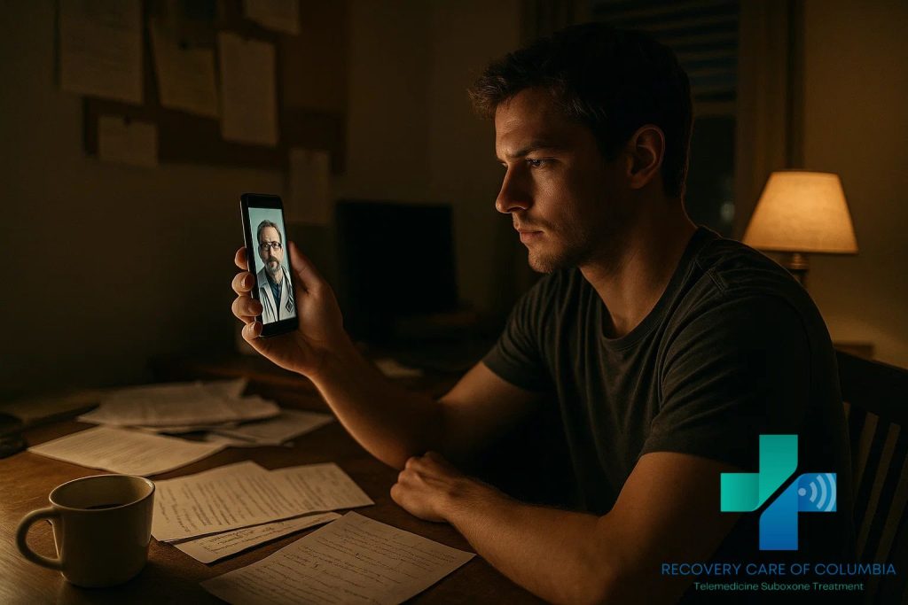 Young man in Tennessee using telehealth on his smartphone at a cluttered desk to learn about kratom withdrawal remedies.