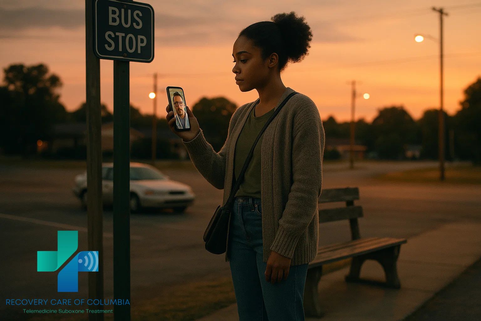 Woman at a rural Tennessee bus stop during sunset having a telehealth video call with an online Suboxone doctor.