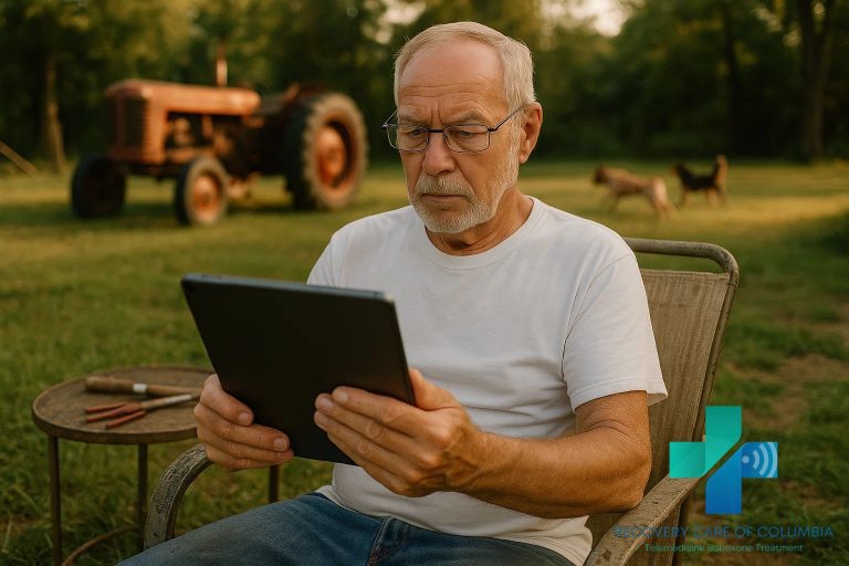 Older man in Tennessee backyard on tablet for online Suboxone prescription telehealth call with tractor, trees, and dogs in the background.