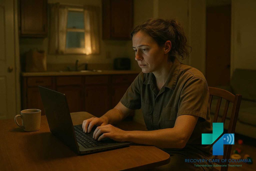 Young woman in her 30s using laptop for a same-day Suboxone telehealth appointment at her kitchen table, showing accessible treatment for working parents.