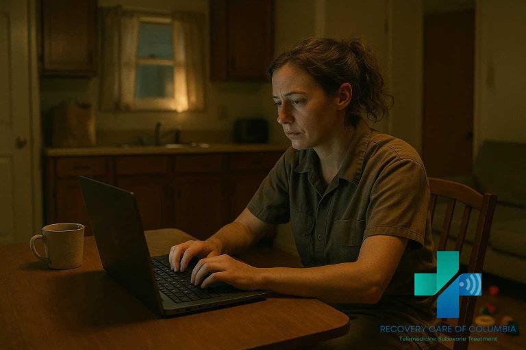 Young woman in her 30s using laptop for a same-day Suboxone telehealth appointment at her kitchen table, showing accessible treatment for working parents.