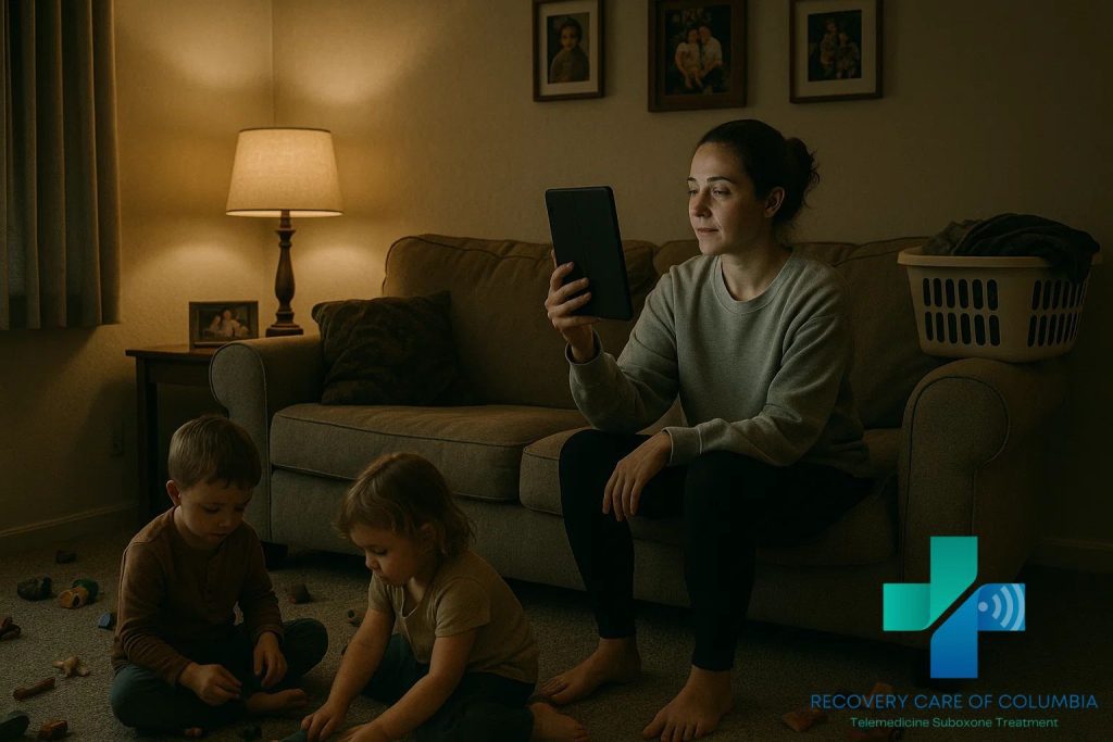 Young mother on sofa during same day Suboxone telehealth appointment as her children play, showing family life and hope in recovery.