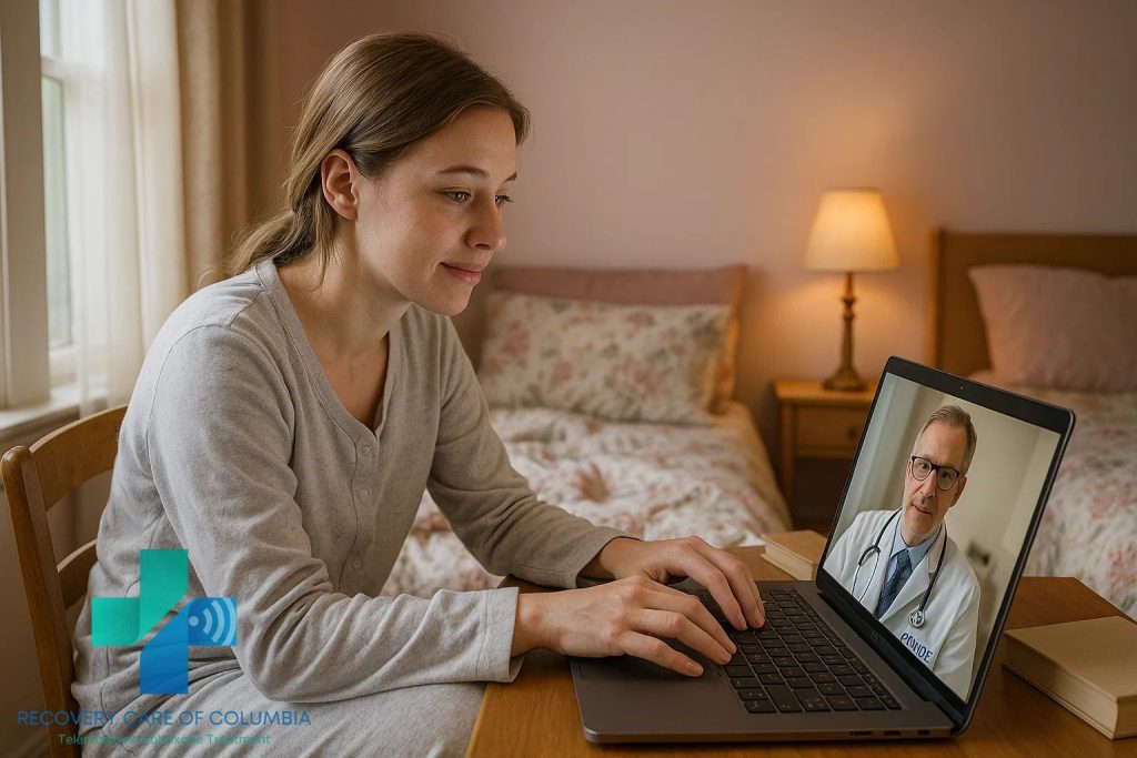 Young woman in pajamas using her laptop for a telehealth video call with a Suboxone doctor online in a cozy pink Tennessee bedroom.