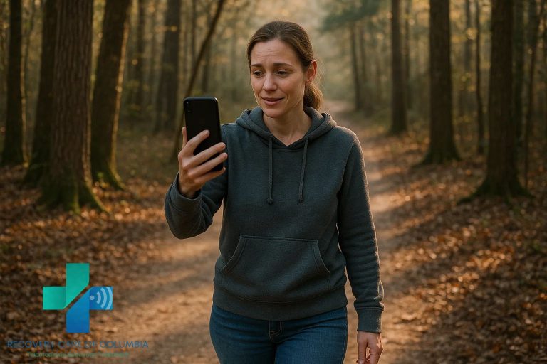 Young woman on wooded path during telehealth call with Suboxone online doctor, symbolizing privacy and hope in recovery.