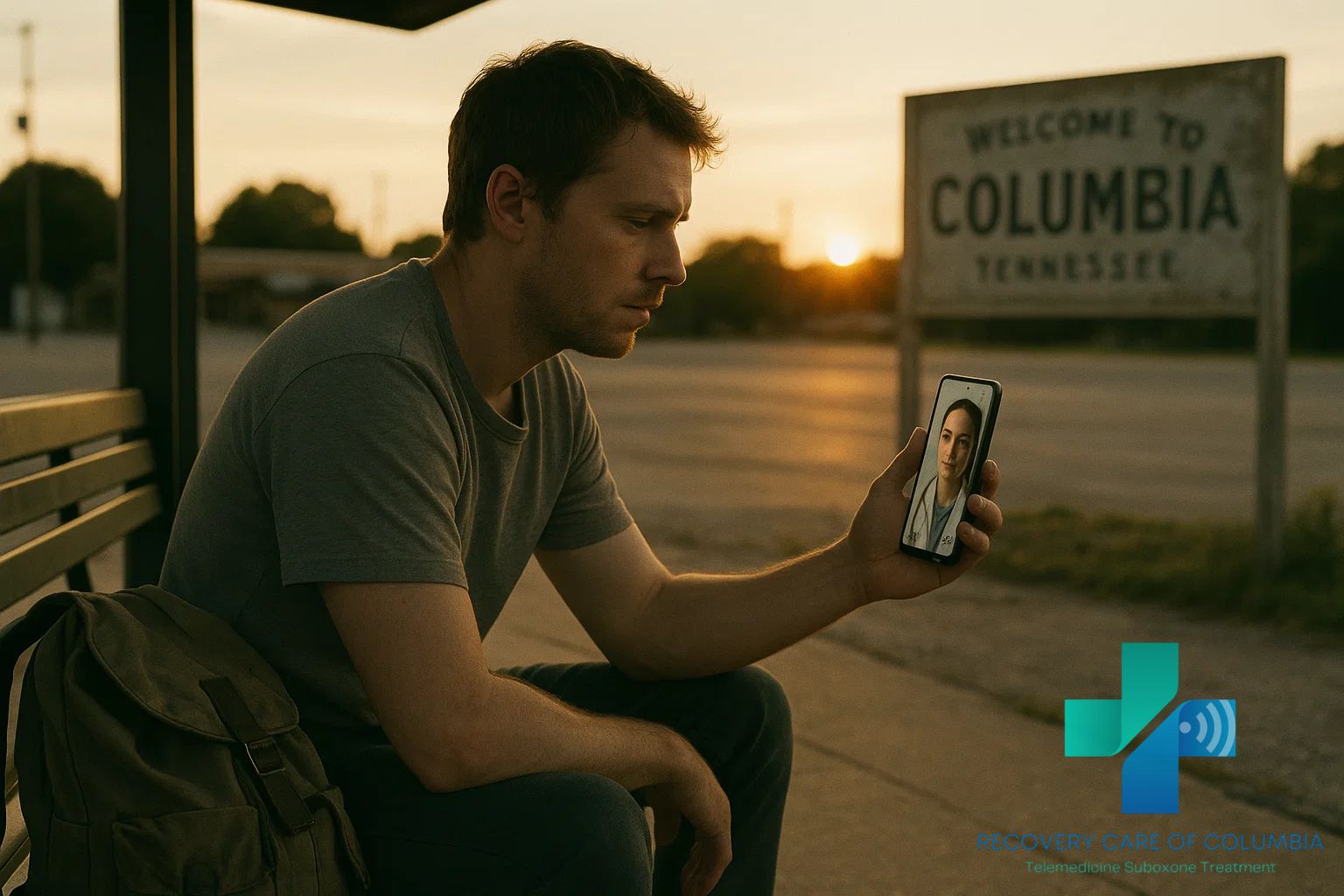 Late-20s person at a rural Tennessee bus stop during sunset, on a smartphone telehealth call for same-day Suboxone online treatment with a worn backpack and “Welcome to Columbia” sign in the distance.