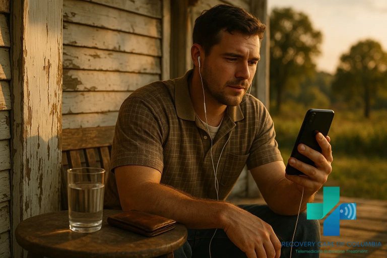 Young man on a rural Tennessee porch focused on a Suboxone telehealth call, with Suboxone, water, and wallet on the table, sunlight highlighting his determination.