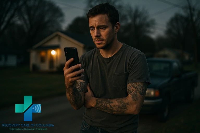 Man in his 30s using telehealth on his phone at sunset in a Tennessee neighborhood, seeking help for kratom withdrawal.