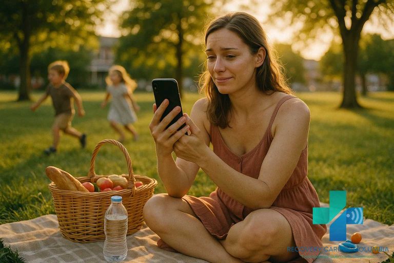 Young mother in a park using her phone for a Suboxone telehealth consultation with children playing in the background.
