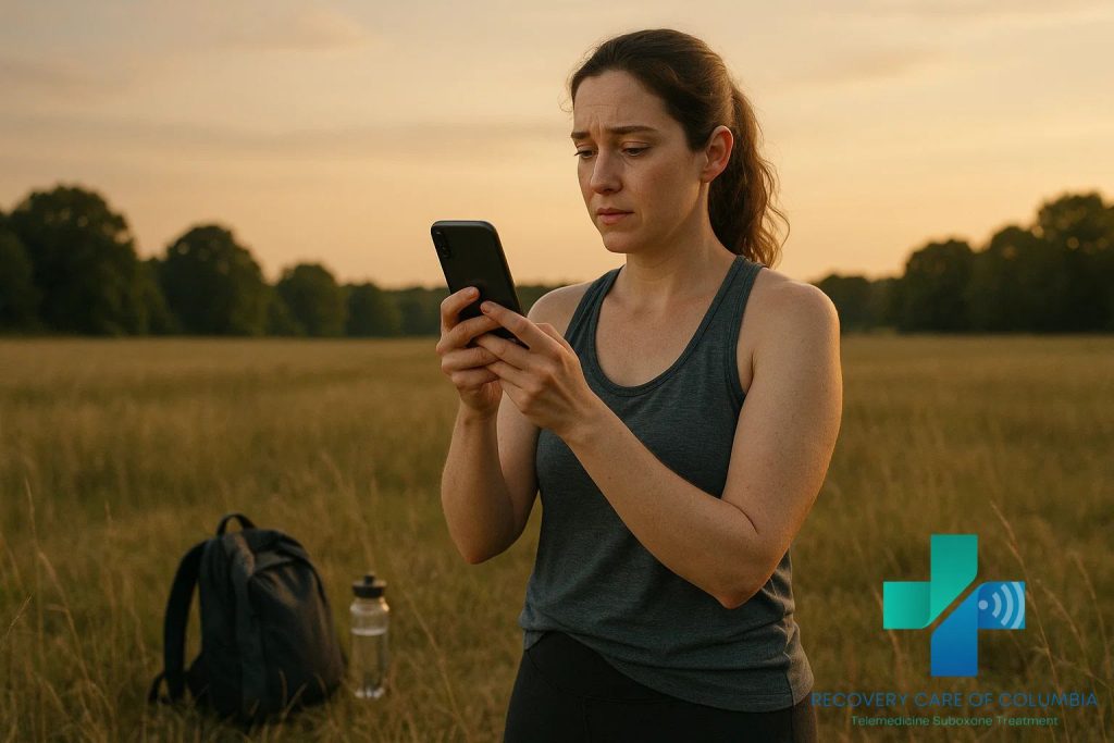 Woman standing in a Tennessee field at sunset on a telehealth call with the best online Suboxone doctors, symbolizing hope and accessible treatment.