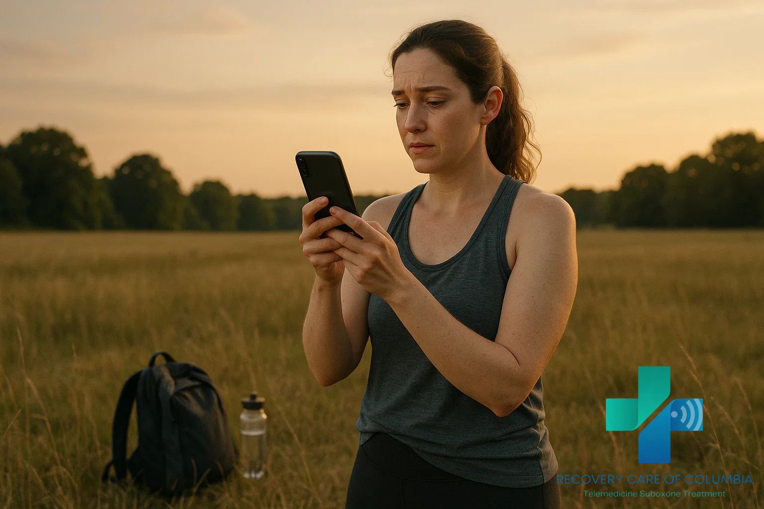 Woman standing in a Tennessee field at sunset on a telehealth call with the best online Suboxone doctors, symbolizing hope and accessible treatment.