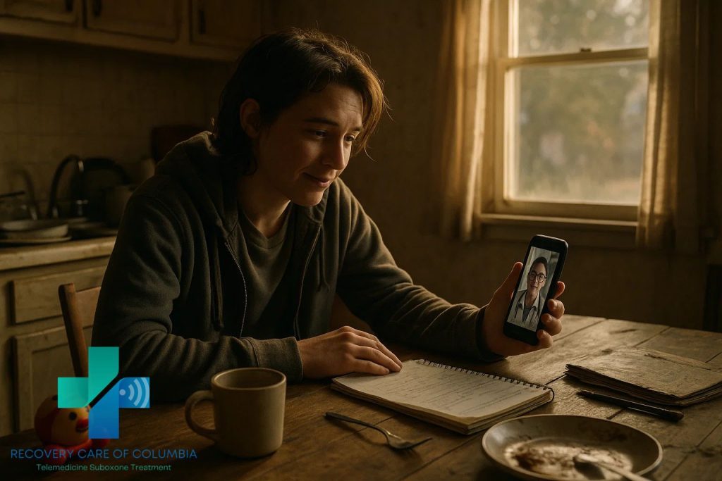 Young adult in a Tennessee home on a telehealth call for Suboxone treatment, showing hope and relief through online recovery.
