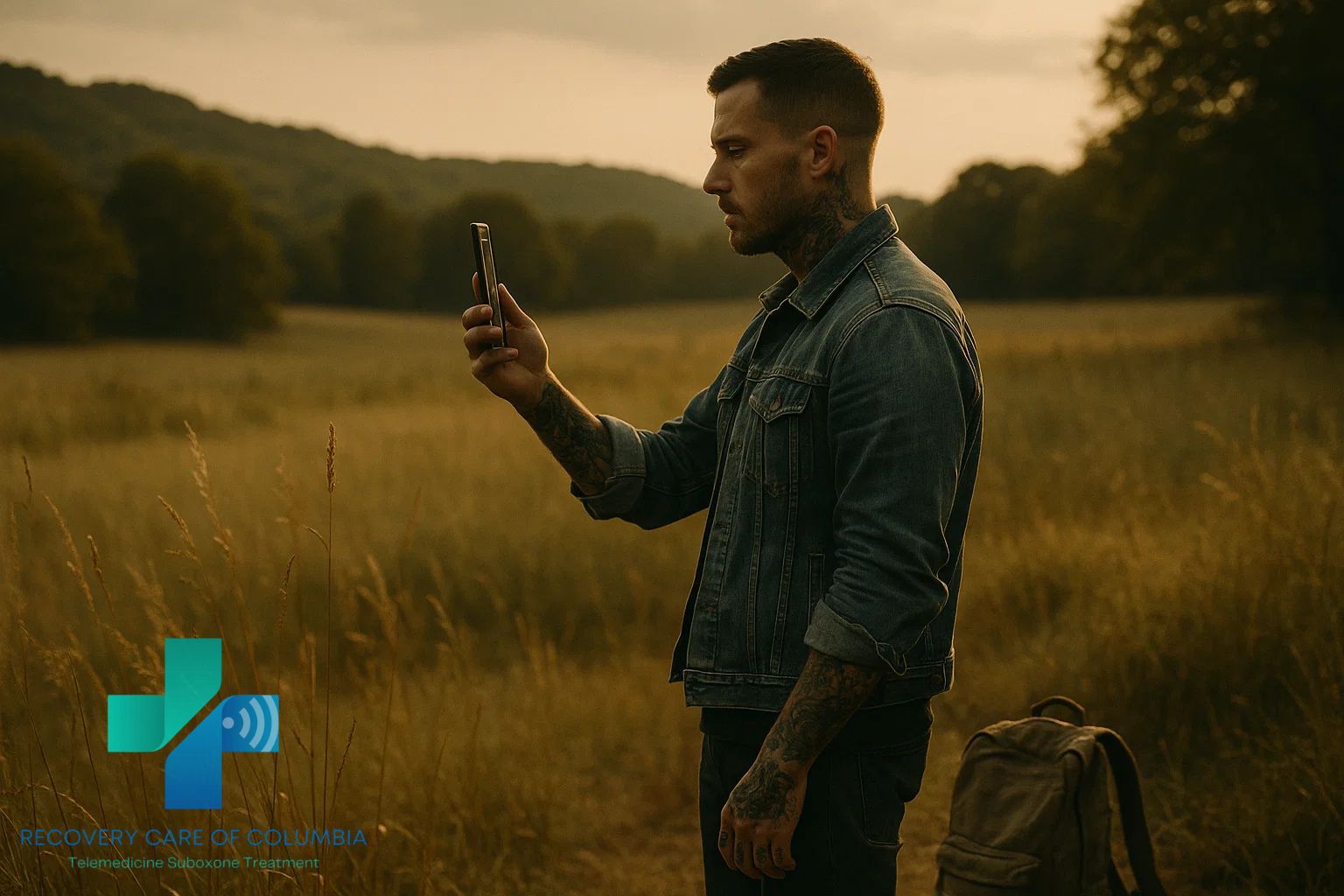 Man in early 30s with tattoos standing in a Tennessee meadow using smartphone for telehealth kratom addiction treatment.