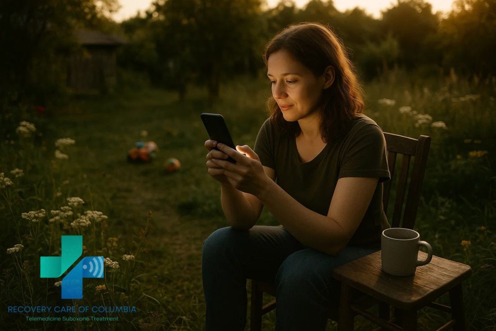 Young woman in a rural garden at sunset on a telehealth call to get prescribed Suboxone online with Recovery Care of Columbia.