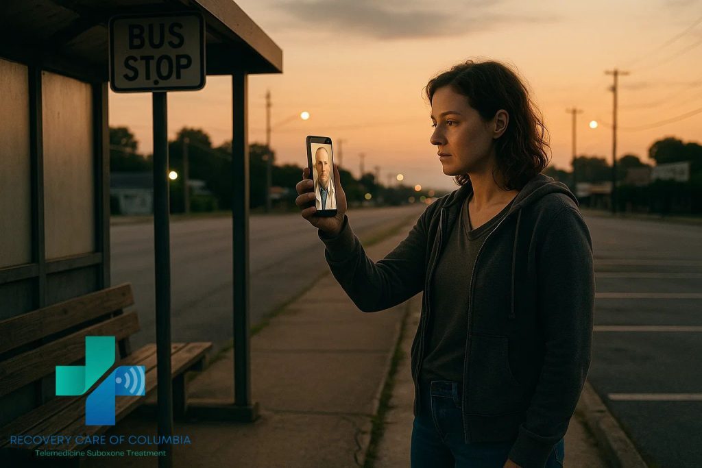 Young woman at a Tennessee bus stop using her phone for a Suboxone telehealth appointment at sunset.