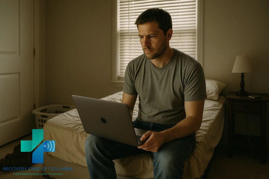 Man in Tennessee on laptop for virtual Suboxone appointment to beat kratom addiction.