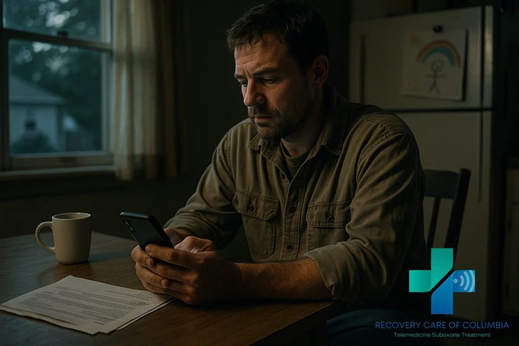 Working-class father in Tennessee on a smartphone telehealth Suboxone appointment in his kitchen after work.