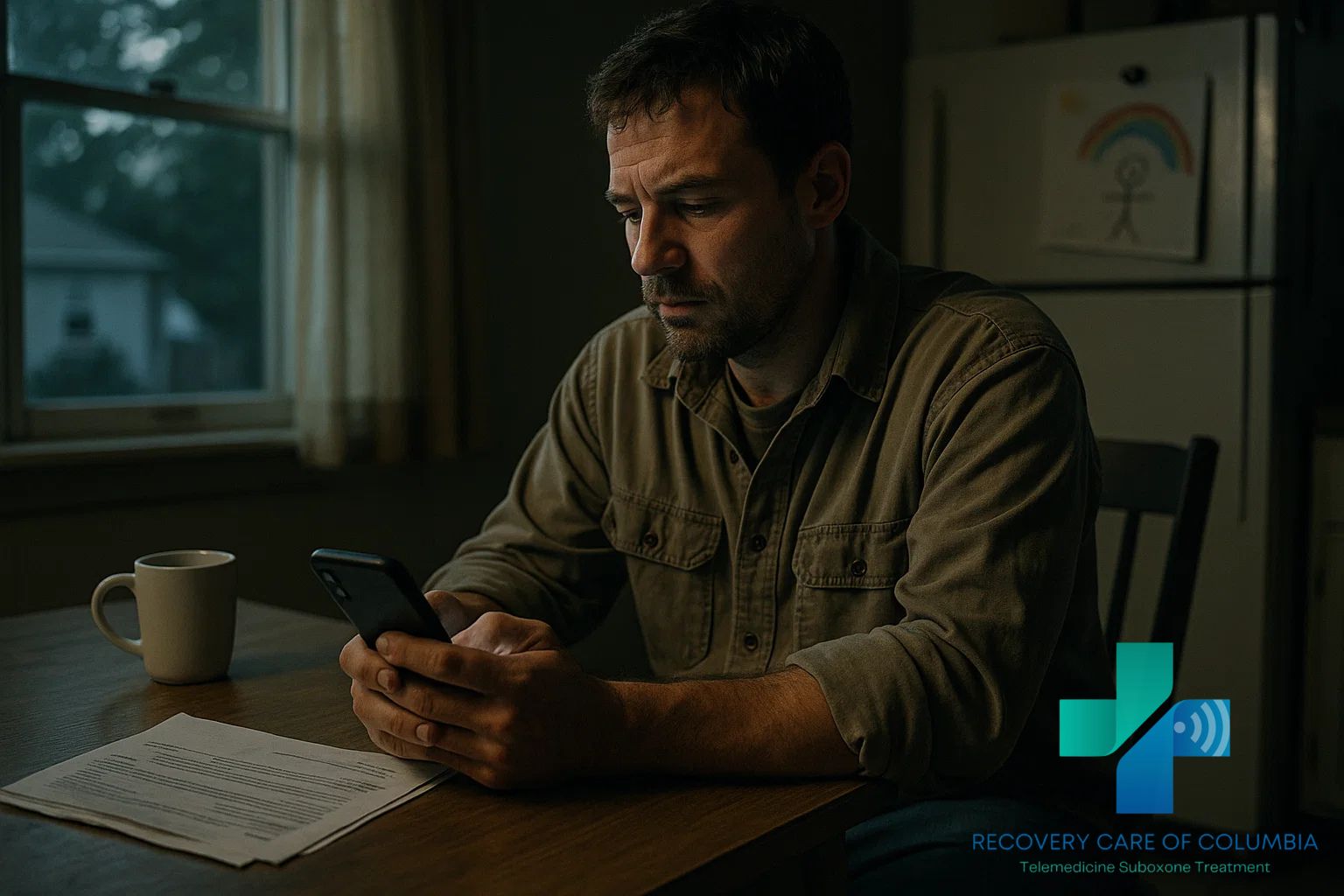 Working-class father in Tennessee on a smartphone telehealth Suboxone appointment in his kitchen after work.