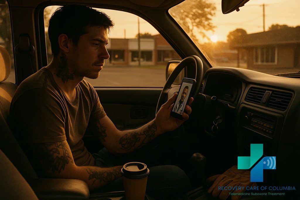 Young man in his car during sunset in a small Tennessee town using his smartphone for a virtual Suboxone appointment, symbolizing recovery from kratom addiction.