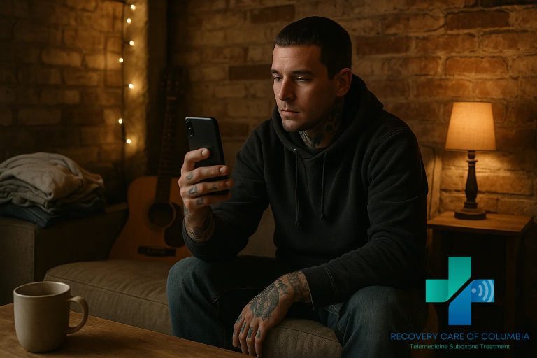 Man in his late 20s sitting on a couch during a telehealth call, symbolizing determination and hope while tapering off kratom.