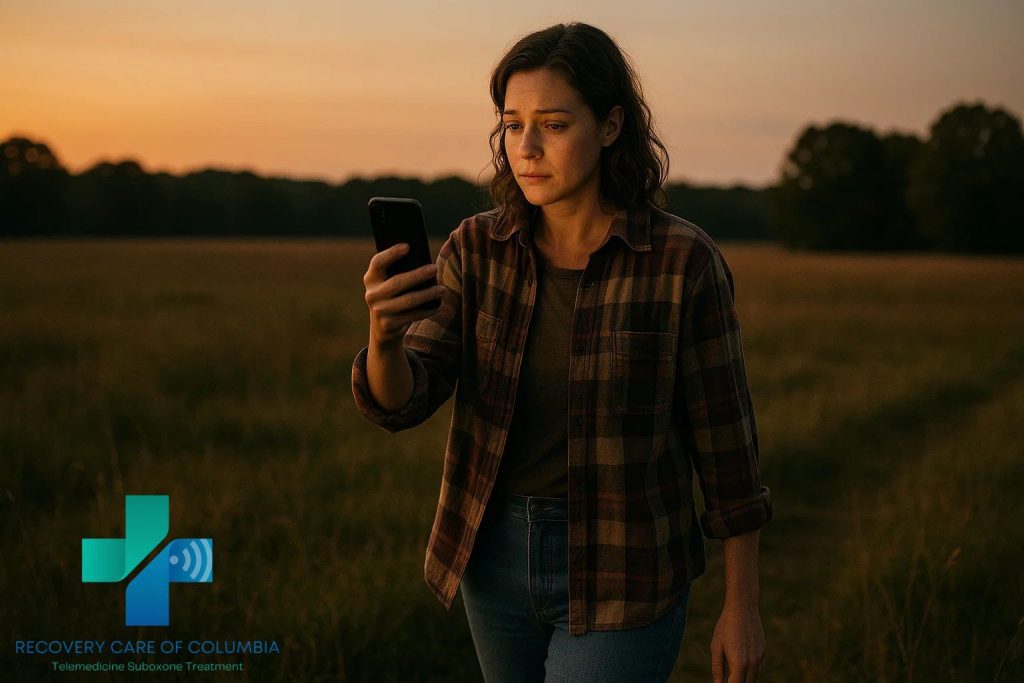 Woman in a Tennessee field during sunset holding a smartphone for a telehealth session about Kratom addiction recovery.