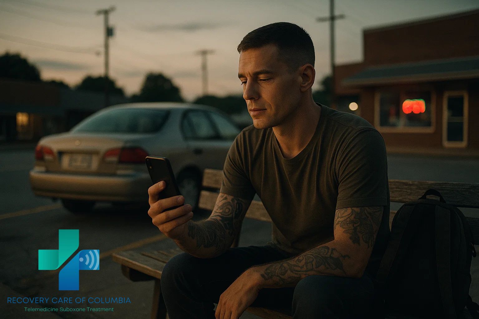 Man sitting on a bench at dusk using his phone for a virtual kratom rehab session in Tennessee.
